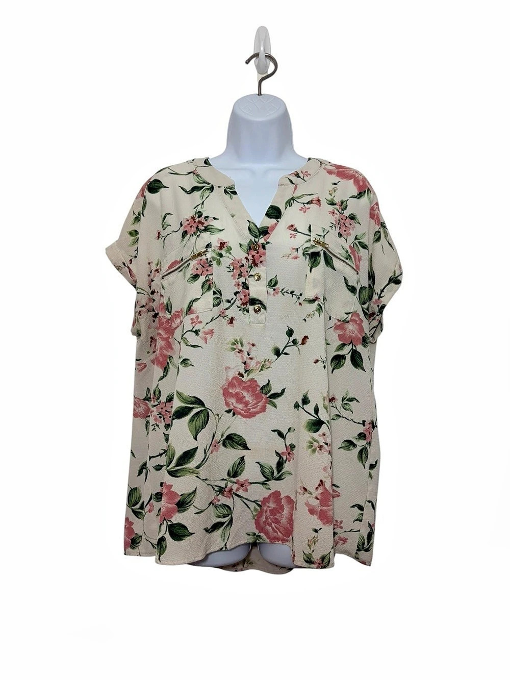 Flower & Feather Floral Tunic Botanical Blouse in Cream & Pink Size 1XL